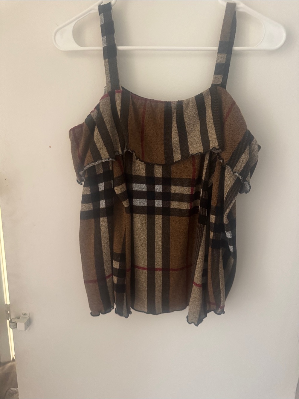 Papaya Brown Plaid Ruffle Cold-Shoulder Top